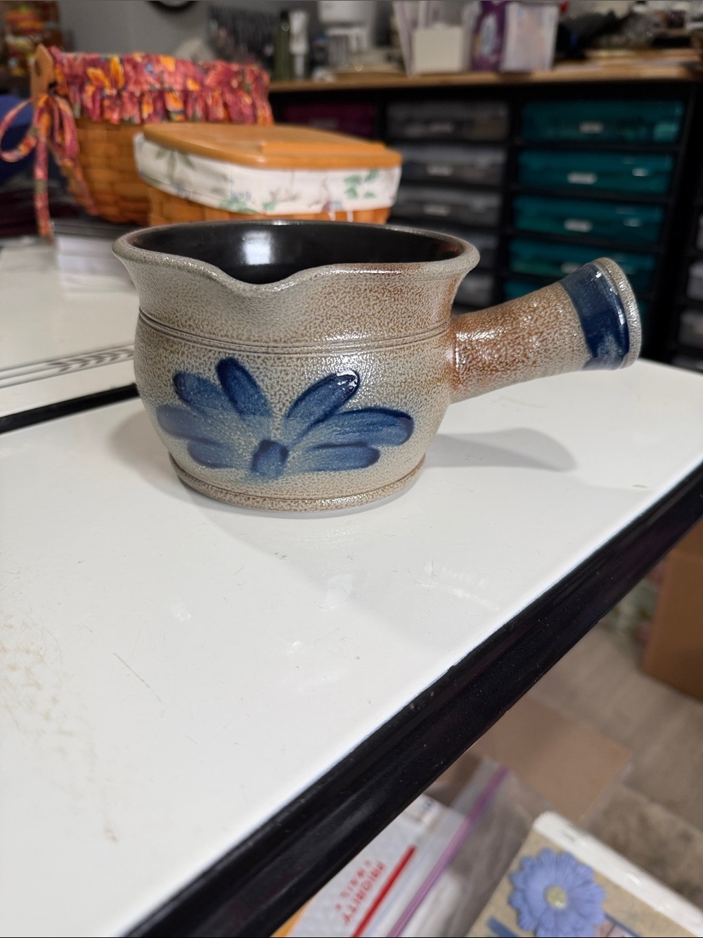 Rowe Pottery Works Stonewear Pouring Pot with Blue Floral Motif